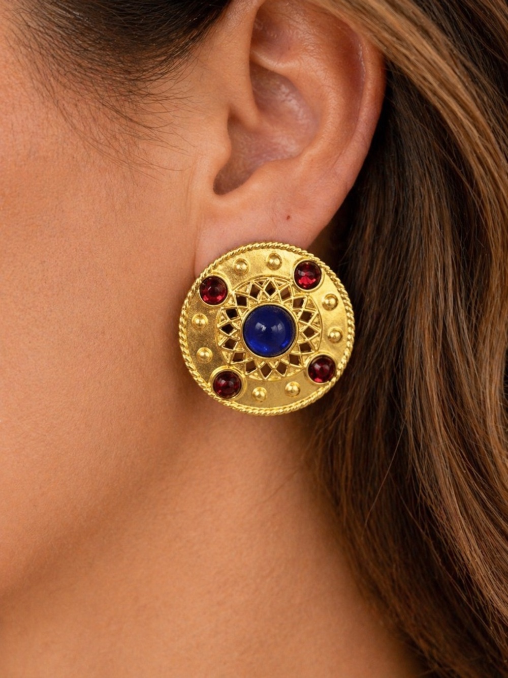 Vintage Style Gold Tone Statement Earrings Red Blue Cabochon Medallion Stud - Picture 2 of 7